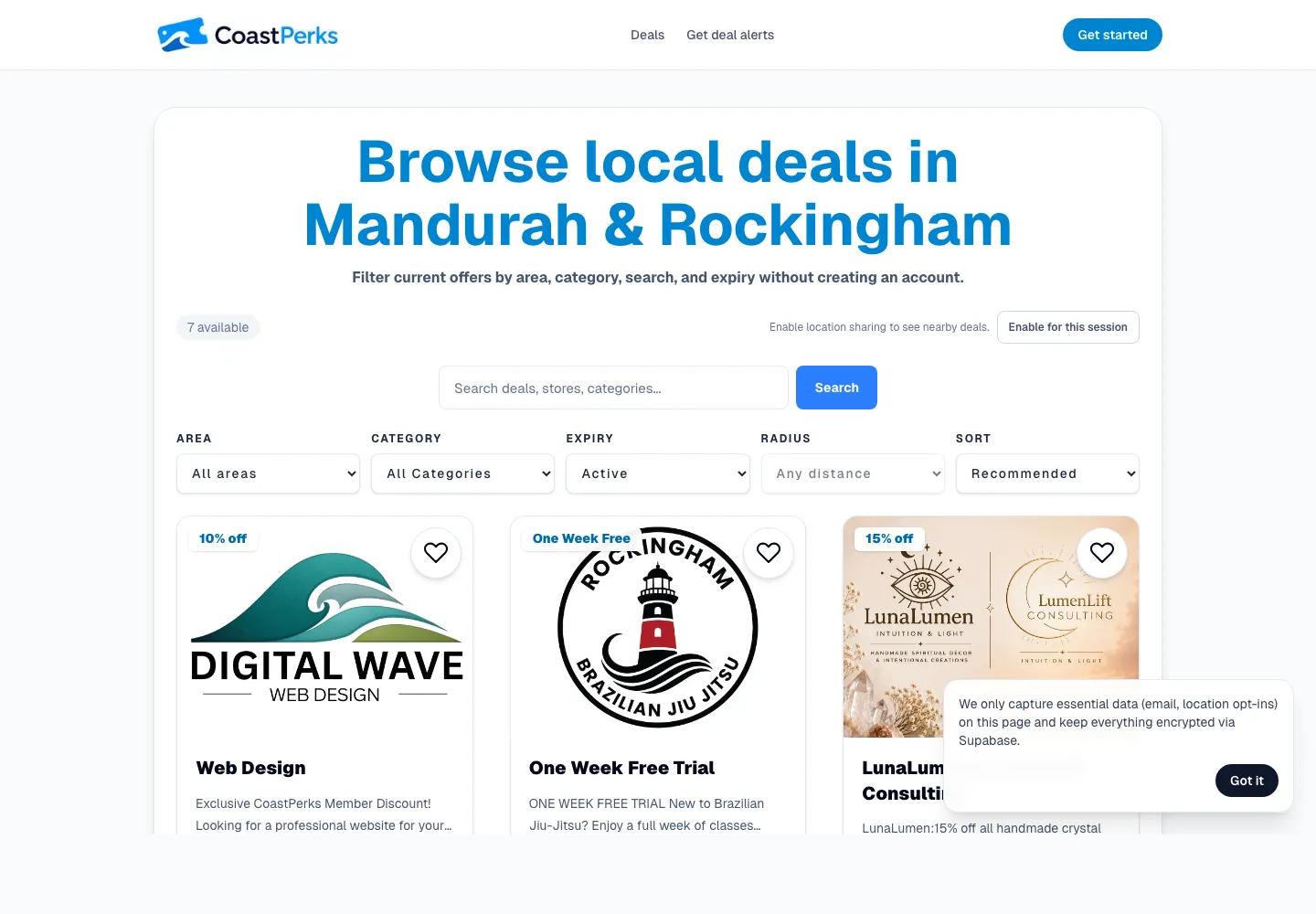 CoastPerks website homepage preview